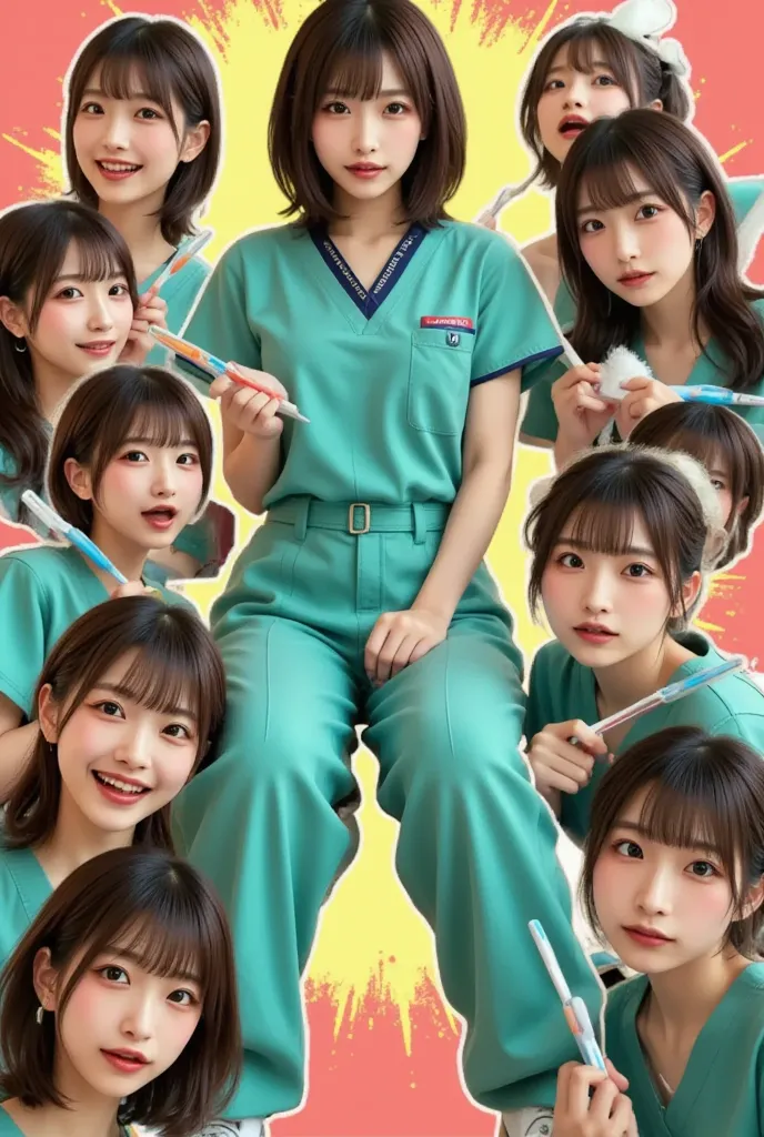 A Japanese female dental hygienist wearing scrubs is standing in the center, holding a toothbrush and looking serious. There are several other dental hygienists around her, also holding toothbrushes, reacting comically with surprised looks. It is arranged ...