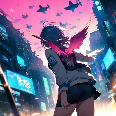 cyberpunk city A girl with wings and a short skirt, flying away, rear view