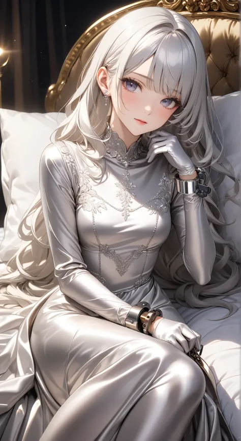 portrait、god々Shining light、( masterpiece, top quality, Ultra High Resolution ),Extremely detailed CG, Japanese woman with pale silver hair,(( beautiful face)),(( long sleeve long dress made of pale silver satin))、((The dress has a simple design without e...