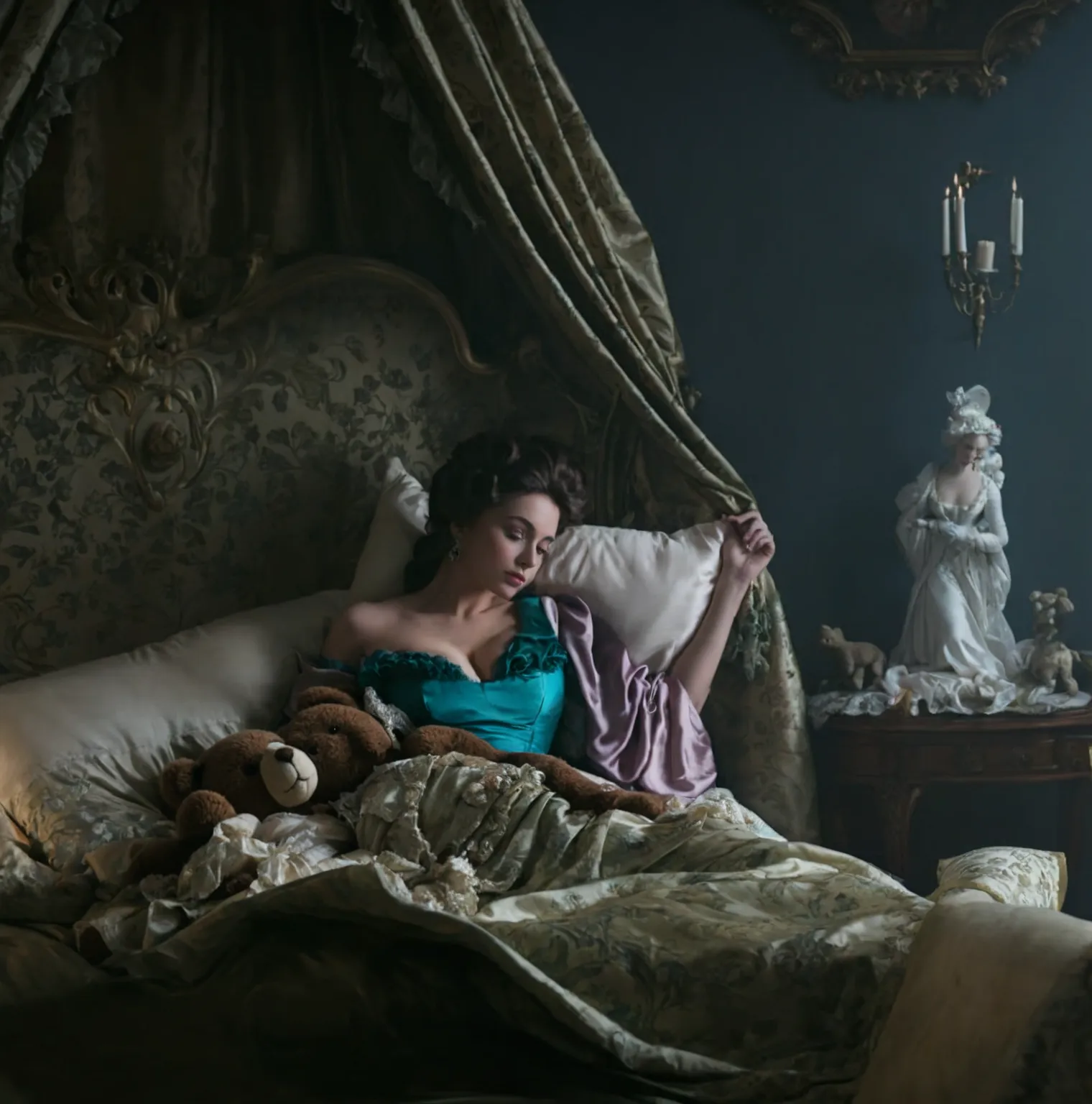 a woman laying in bed with a pillow and a teddy bear, rococo queen, stunning moody, Victorian, gorgeous lady, rococo