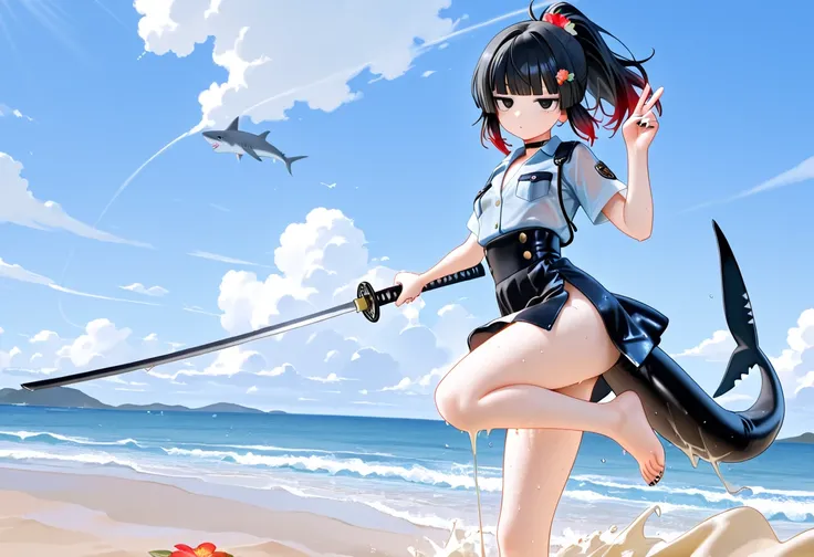 1girl, black eyes, jitome(0.5), Black Hair, red Gradient Hair, blunt bangs, hime cut, ponytail, black shark tail, small Breast, police, high-waist, Side slit skirt, Choker, bare legs, foot, toenails, nail polish, black nails, dynamic view, masterpiece, bes...