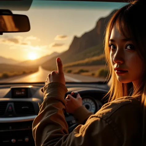 A first-person perspective from inside a car with a left-hand drive, capturing a golden sunset during a road trip, featuring a vast mountain landscape and a long highway stretching ahead, 1girl-hitchhiker\(stands on the roadside,look at viewer, holding a w...
