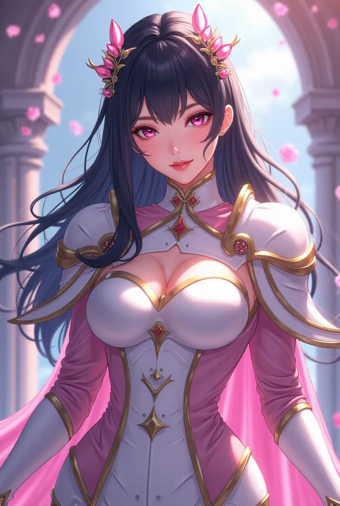 Create me an image in the Korean manwha fanart anime style with a 25-year-old woman of European origin with the beauty of a goddess with pink eyes and medium long black hair with bangs with an annoying look with a voluptuous body with very large breasts we...