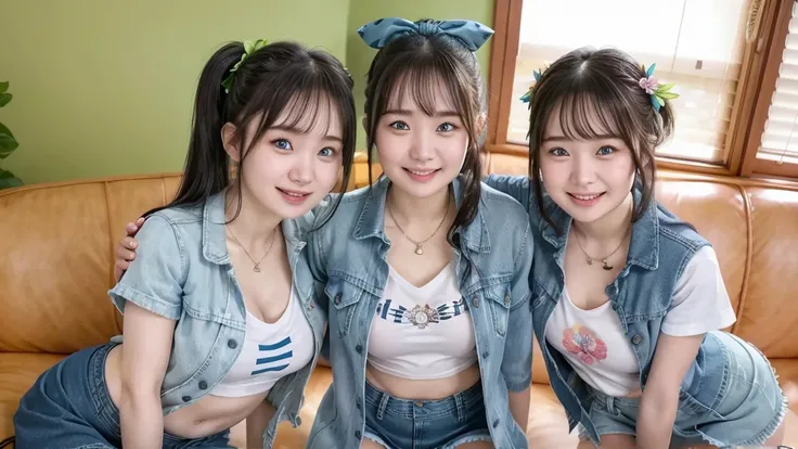 ( 3 girls),smile、 Look into the camera 、  Diamond Necklace、Pigtail , Wear it with Jeans skirt ..( )、  smooth material  ,  slippery and elastic  ..、  revealing upper arms  、  socks with a blue green print, Knee Length  ,  extra long winged hair .、 The melee...