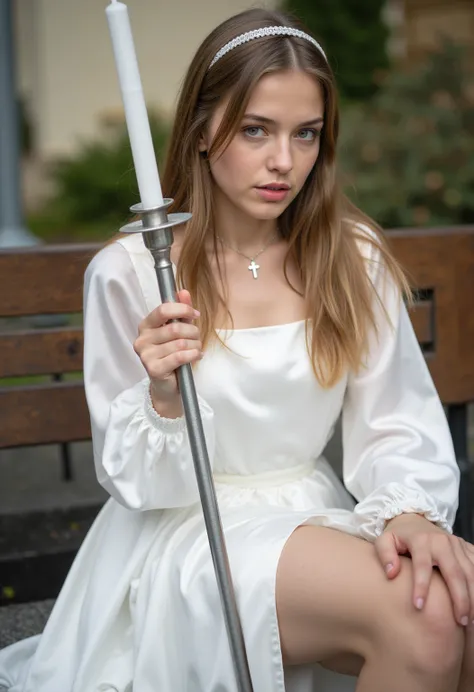 young 21 year old German blonde altar boy ,  beautiful eyes .  long brown hair with loose hair .   hairband  , Cross necklace, long white satin trade show dress with white long satin sleeves ,   transparent lip gloss  , slim building , pretty, 2,   full bo...