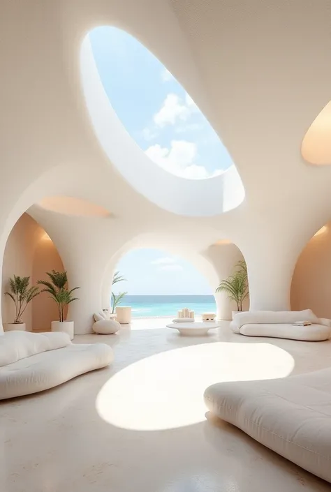 create an interior of a beach clubhouse inspired from a coral using only white and stone colors