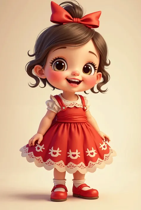 A cute baby girl wearing  red frock , red ribbon, red shoes smiling 
