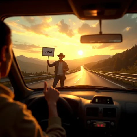 A first-person perspective from inside a car with a left-hand drive, capturing a golden sunset during a road trip, featuring a vast mountain landscape and a long highway stretching ahead, A hitchhiker stands on the roadside holding a whiteboard with "TOKYO...