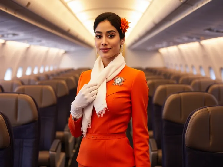 ((Janhvi )) Janhvi is a flight attendant . She is wearing  a smart formal  BRIGHT orange uniform and WHITE scarf. Her uniform has intricate floral pattern details AND  WHITE  LACY  GLOVES . short skirt, model pose,, flight cabin, pantyhose .     ​highest q...