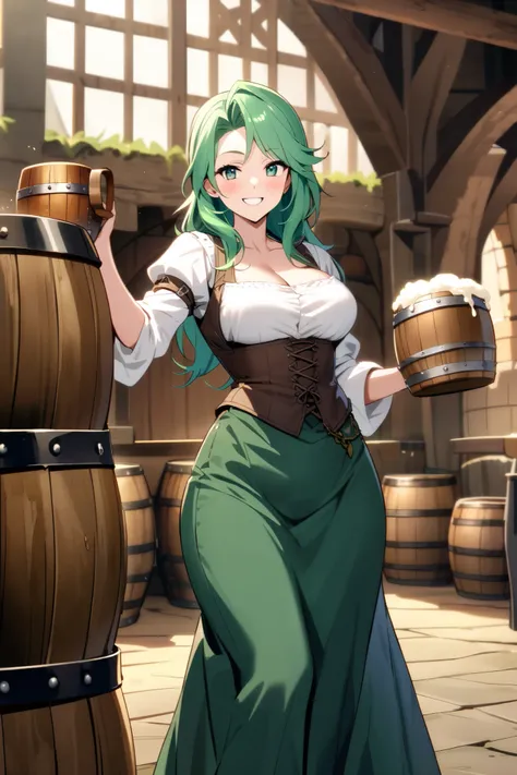  medieval times ,  mature woman,  green hair, brewery owner,  bright smile,  Good body , long skirt, Wooden barrels, wooden beer mug