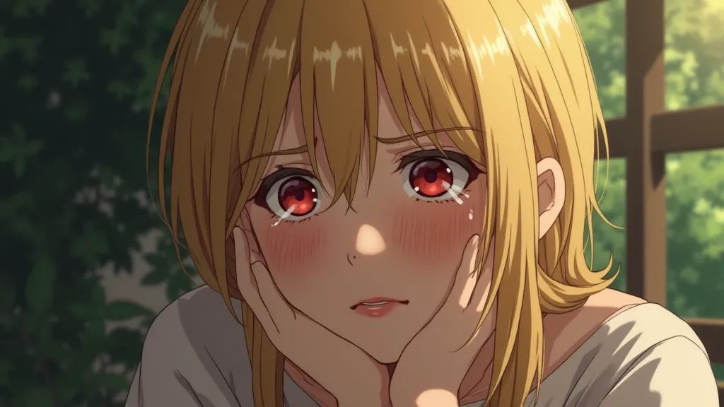 Very sad beautiful blonde anime woman crying his gone boyfriend  