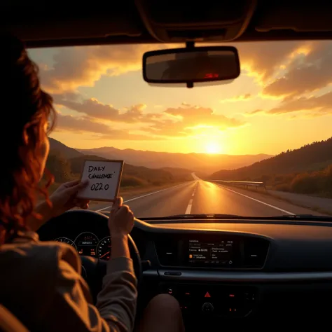 A first-person perspective from inside a car with a left-hand drive, capturing a golden sunset during a road trip, featuring a vast mountain landscape and a long highway stretching ahead, A hitchhiker stands on the roadside holding a whiteboard with "Daily...