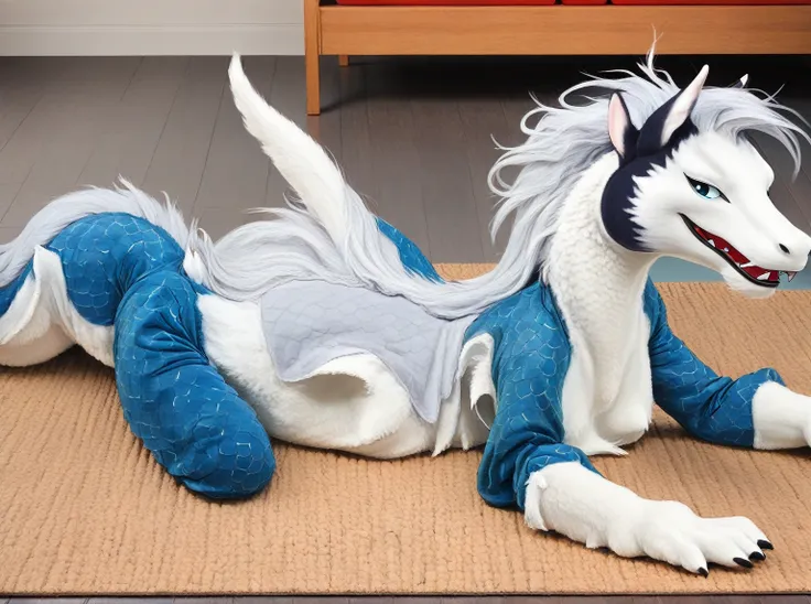 best quality, 1girl, 8k, masterpiece, UHD, closeup, full body view, (NSFW:1.8), (photorealistic real life award-winning photo:2), (inanimate object empty clothing transformation:2.5), (an empty partially flat human plushie eastern chinese dragon fursuit se...