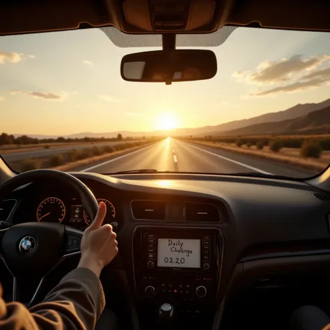 A first-person perspective from inside a car with a left-hand drive, capturing a golden sunset during a road trip, featuring a vast mountain landscape and a long highway stretching ahead, 1girl hitchhiker stands on the roadside holding a whiteboard with "D...