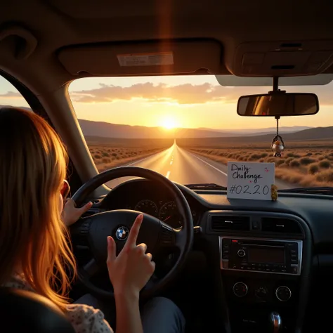 photorealistic,A first-person perspective from inside a car with a left-hand drive, capturing a golden sunset during a road trip, featuring a vast mountain landscape and a long highway stretching ahead, 1girl-hitchhiker\(stands on the roadside,look at view...