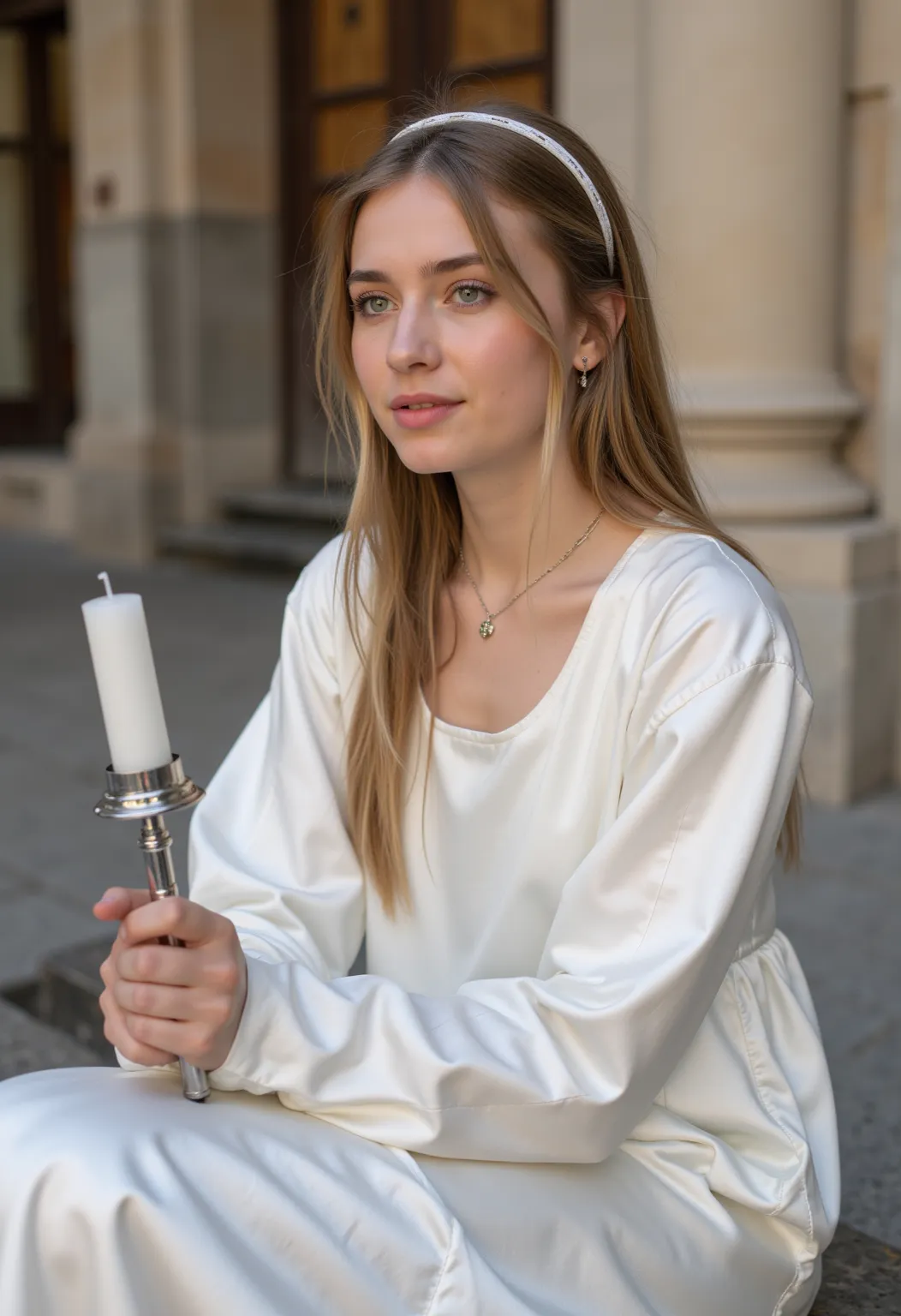 young 21 year old German blonde altar boy ,  beautiful eyes .  long brown hair with loose hair that is tied together a bit .   hairband  , Cross necklace, long white satin trade show dress with white long satin sleeves ,   transparent lip gloss  , slim bui...