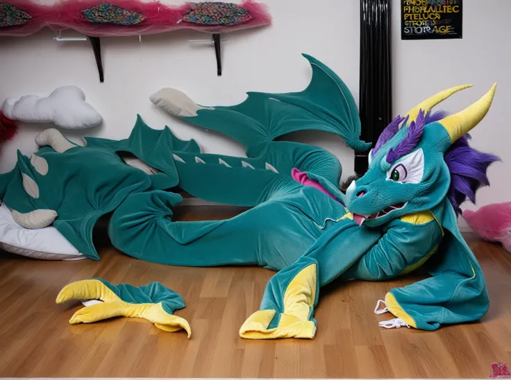 best quality, 1girl, 8k, masterpiece, UHD, closeup, full body view, (NSFW:1.8), (photorealistic real life award-winning photo:2), (inanimate object empty clothing transformation:2.5), (an empty partially flat human plushie eastern chinese dragon fursuit se...