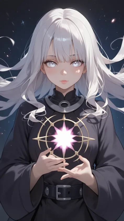 solo, 1girl \(protector of abyss, demigod\), upper body, white eyes, white hair, (white skin, pale skin), (floating hair:1.2), (black robe), casting spell, creating a (black hole:1.2), holding a black hole, dark magic, black background, abyss scenery, fall...