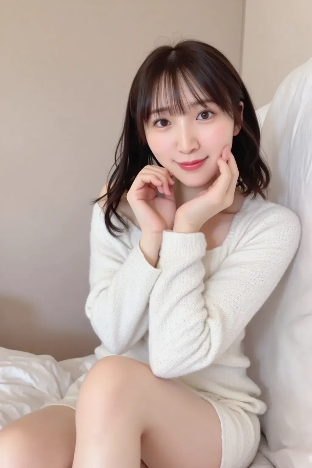  A woman with a cute smile is cute,  fluffy off-shoulder pajamas, Poses where you support your chin with your hands,  Pose with your arms in front of your chest, View above the collarbone、  background is bedroom ,I'm sitting on the bed with my knees bent,
