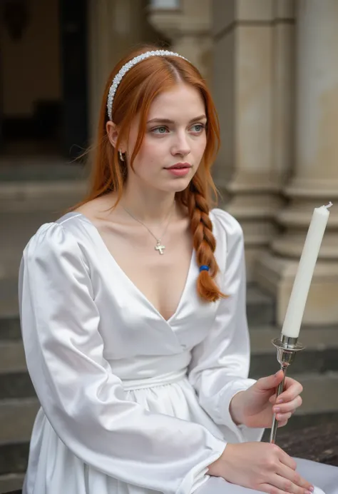 young 21 year old German redheaded altar boy ,  beautiful eyes .  long red hair with loose hair .   hairband  , Cross necklace, long white satin trade show dress with white long satin sleeves ,   transparent lip gloss  , slim building , pretty, 2,   full b...