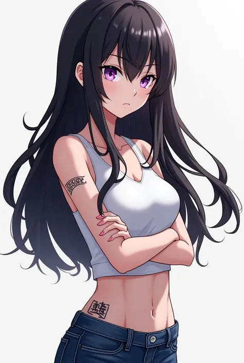 ( maximum quality,  best quality,  official art , beautiful and aesthetic:1.2) female anime, Rebellious school girl, serious and closed personality,  black hair,  purple eyes,  fair skin, tattoos,  white tank top, Jeans azul.