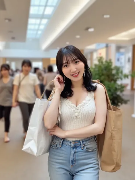 「carrying some shopping bags {x} A scene where a woman is walking with shopping bags in the shopping mall。The woman is wearing casual clothes、shopping mall stores and people。in the background々You can see them coming and going、and the interior has a charact...