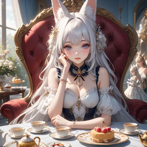  European Noble Lady,    Masterpiece,     Best Quality  , 【【【【8k,    Delicate Skin Texture   ,     delicate fabric texture    ,    delicate and beautiful face    ,    Wrong Complicated Details   ,    Ultra Fine 8K ,  Wonderland   ,  grace ，（ white hair ）  ...