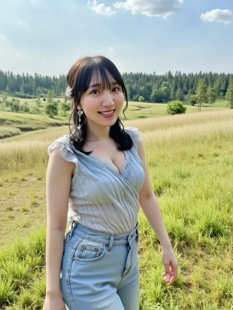 「wearing a loose dress, shirt, and jeans。 The woman is wearing casual clothes 、I'm wearing a loose dress or shirt and jeans。A scene where a woman is walking in an idyllic rural landscape、Blue sky spreads out、A serene landscape spreads out。The woman seems t...