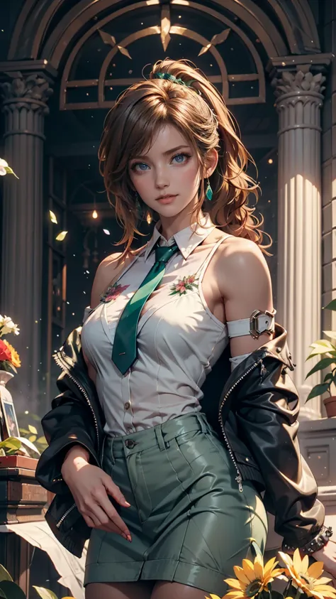  and then change,  brown ponytail on a 's face,  white skin, Transistor glamorous woman,  green eyes ,  masterpiece,  punk jacket ,  white shirt,  green tie,  open shoulders,  Open sleeves ,   Light Smile, flower, Quiet,  suppressed, ( concept art )