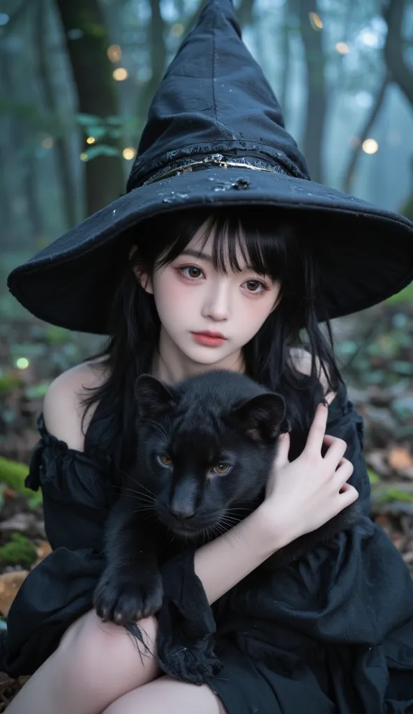 Ultra-high resolution, highest quality, highly realistic close-up composition. A vibrant fantasy world set in a deep, mystical forest as the background. A  white girl with black hair, wearing an old witch's hat and an ancient, worn witch's outfit, looks sa...