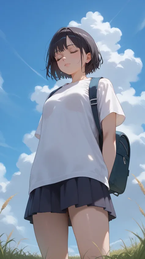 1girl,solo,sky,cloud,1girl,backpack,outdoors,shirt,short hair,bag,from below,white shirt,day,blue sky,short sleeves,black hair,closed eyes,grass,standing,cloudy sky,