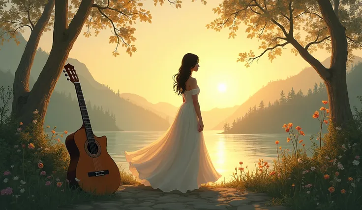  Writing the cover of a musical single ， Asks to use a natural landscape as the background of the picture ， A silhouette of a beautiful girl as the main character，She is standing in the middle of the picture，next to her is a classical guitar with clear det...