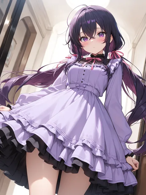 (masterpiece, best quality, extremely detailed), 
1girl, purple hair, very long hair, crossed bangs, double-parted bangs, low twintails, purple dress, layered dress, black frills, pink ribbon, black hair ribbon, blush, cinematic angle,