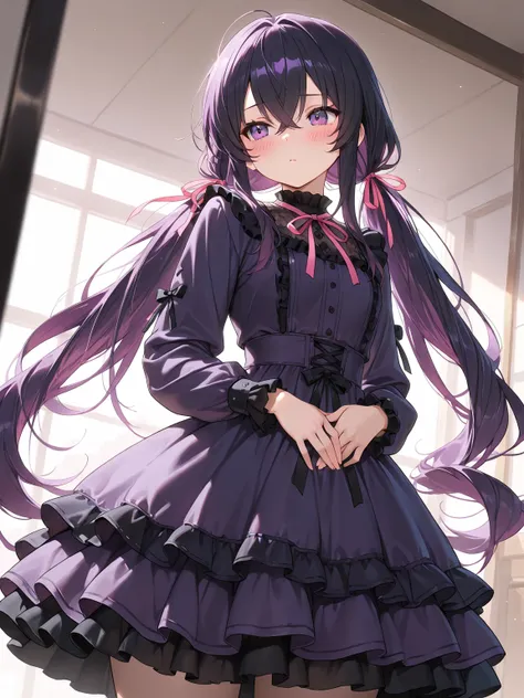 (masterpiece, best quality, extremely detailed), 
1girl, purple hair, very long hair, crossed bangs, double-parted bangs, low twintails, purple dress, layered dress, black frills, pink ribbon, black hair ribbon, blush, cinematic angle,