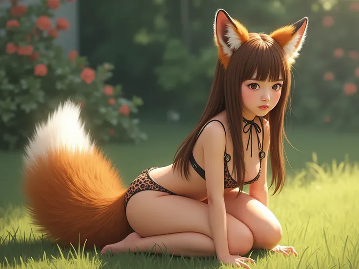 ((  top quality , 8k)), ((Girl with straight brown hair)), ((  Photorealistic)), ( masterpiece),  Perfect Face , ((Woman with fox ears )), ((That woman has a fox tail )), foxgirl, (Her tail is big  ), ( That beautiful woman is shy), She's a college student...