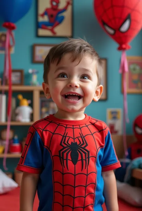 a lottle boy with spiderman t-shirt and spiderman things in a background