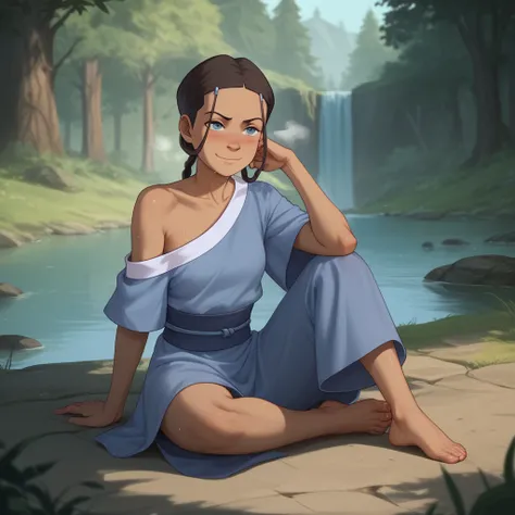 score_9, score_8_up, score_7_up, score_6_up, score_5_up, score_4_up, rating_safe, Katara, sitting on the ground, barefoot, small smile, blushing, exposed shoulder, river, steam, sweaty, mist