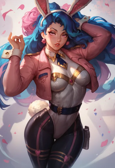 best quality, masterpiece \(quality\), L0LSPL4SH, year2024, year2023, female, solo, long blue hair, parted lips, blushing, combat bunny, technologic outfit, hot pink, pastel pink, white, black, posing, 