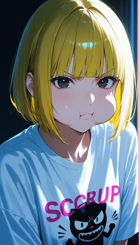 masterpiece, absurdres, close-up, upper body, beautiful woman, blonde hair, bob cut, blunt bangs, beautiful black eyes, looking at viewer, cute angry, frowning, puffy cheeks, oversized t-shirt, simple background, vivid colors, volumetric lighting, soft lig...