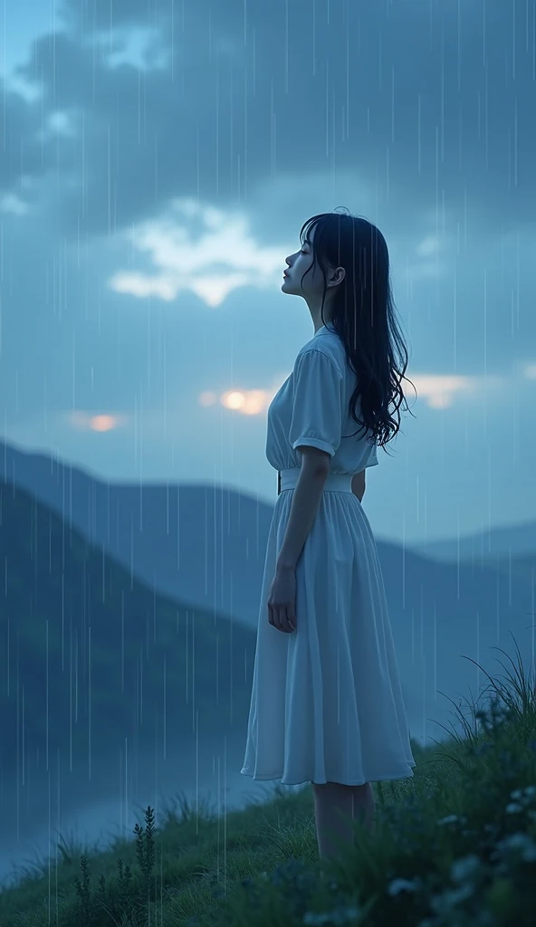 (​masterpiece,8K,top-quality), (Rain),Woman standing looking up at evening sky in rain, ((Evening glow)),((raindrop)),Soft light,optic,cleanness, Looking up at the sky,on a hill,Anime style,realisitic,A detailed face,Eyes are closed,white dres,Light shinin...