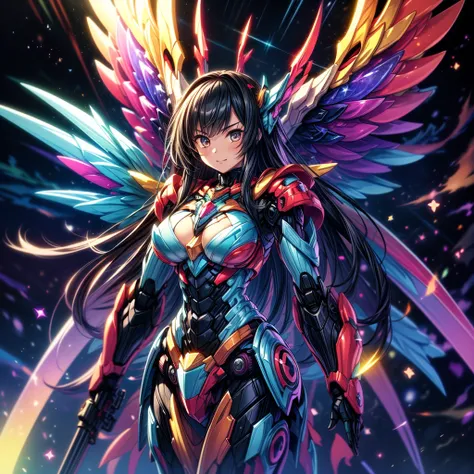 ( masterpiece:1.2),  best quality,  high resolution,   very detailed CG,   are ridiculous,  high resolution, 1 girl, Mecha Girl, There were colorful particles of light all around,  glitter, Shining Wings, (((  bright colors)))