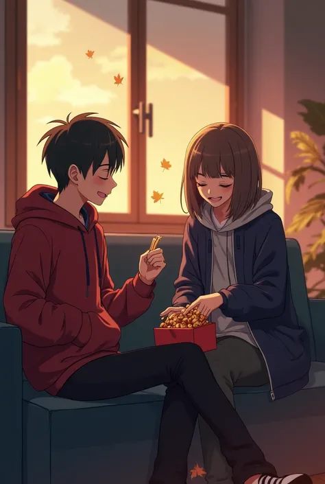 A girl and a guy are sitting on the couch in the dorm lobby, black sofa , they're wearing autumn jackets, anime stylization  , the girl pulls straw cookies out of her pepero pocket, red box, it's a support gift, for a guy to win a Dota tournament