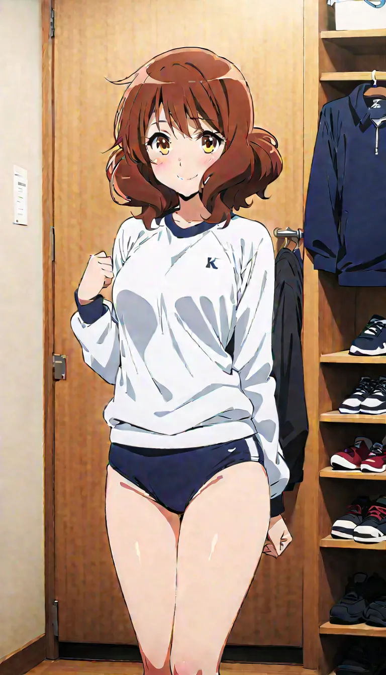 ( beautiful girl : 1.3),1 girl,(Oumae Kumiko),(White gym clothes, Long Sleeve,Dark blue buruma,Underwear showing, sneakers , pubic hair),smile, is embarrassing,blush, dressing room,masterpiece, best quality, super high resolution, rich contrast , high defi...