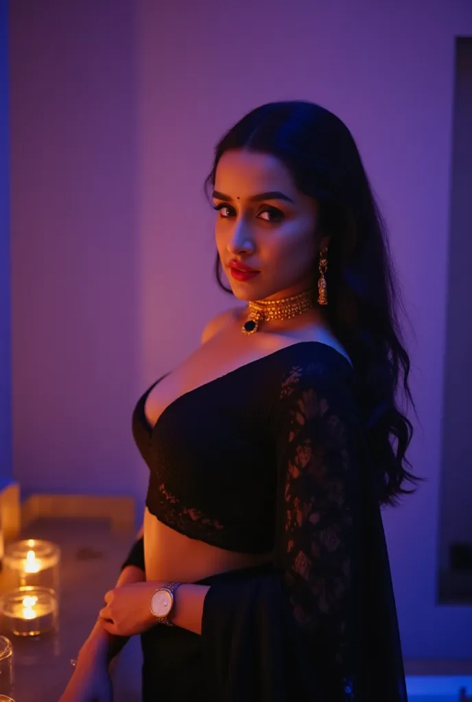 a indian woman, fair skin with big breasts, six pack abs, slim, curvy , standing in a  bathroom in a black saree , long hair, black bikini bra, showing waist,, golden traditional indian ornaments, room lit by candles, wearing dark red lipstick, black Bindi...