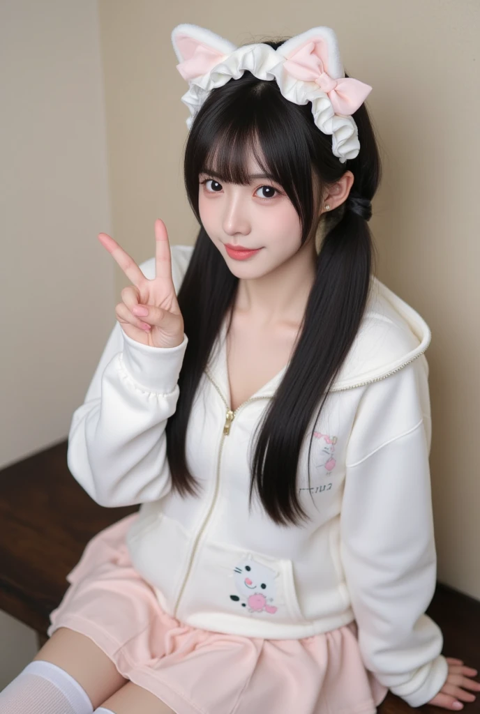 Close-up view of a young woman with long black hair styled in two pigtails., Here's a breakdown of the image:, * **Hair and Headwear:** Her hair is very dark,almost black,and straight. It's parted in the middle and styled into two low pigtails. She's weari...