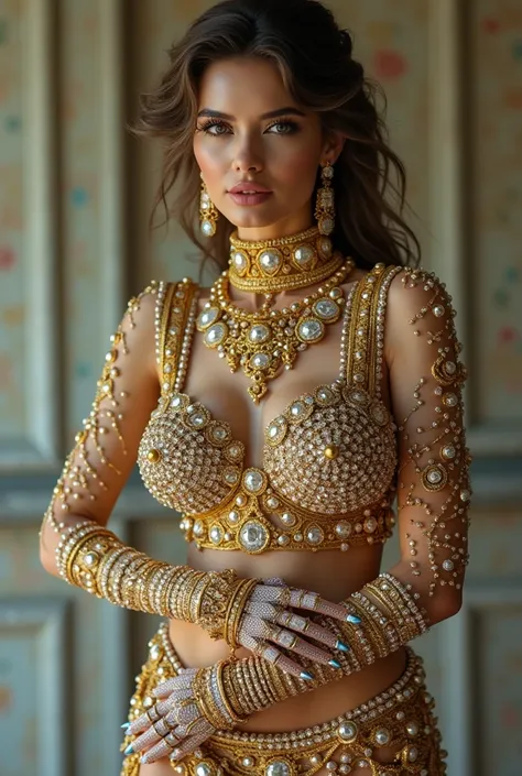 Woman covered in diamond gold jewelry from head to toe sexy