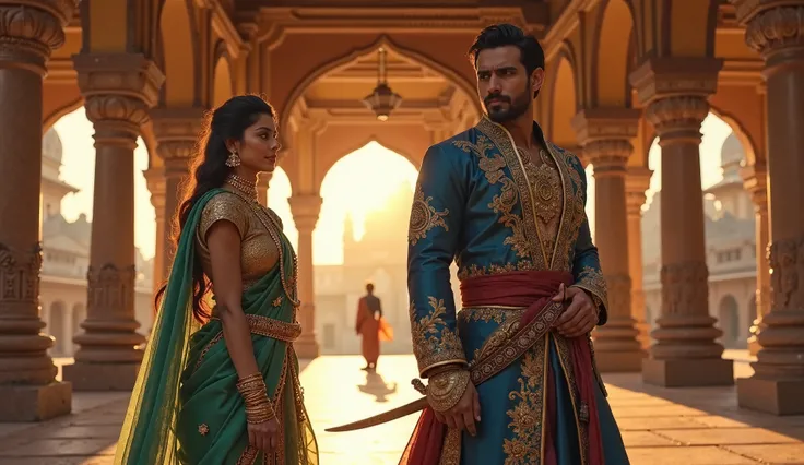 [Realistic Cinematic] under a beautifully decorated pavilion. Rajkumar Veer (Rajkumar Veer 25, fair, short black hair, neatly trimmed beard, sharp eyes, defined jawline) in a royal blue and gold embroidered outfit, leather boots, and a sword at his side, )...