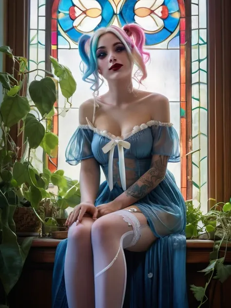 Full body photo, (photorealism:1.2), Harley Quinn, sitting on a chair, vines crawling up, wearing loose sheer off-shoulder top, sheer torn slit long gown, long hair, twintails, blue and pink highlights, white laced stockings with garters and white bows, in...