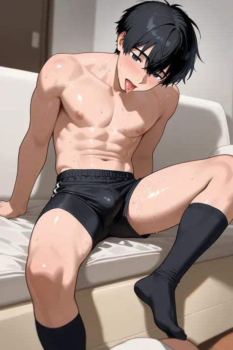 anime boy , black hair,no shirt, tight black shorts,wears long black socks, sweaty, he sits while sticking out his slimy tongue,it's sixpack