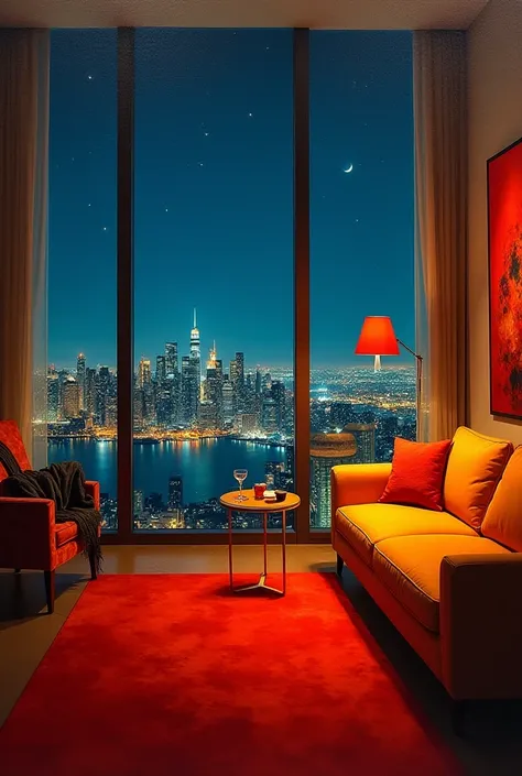 painting of a living room with a red carpet and a orange and yellow couch, inspired by Denis Fremont, Denis Fremont masterpiece, painting of a room, penthouse at night with city lights